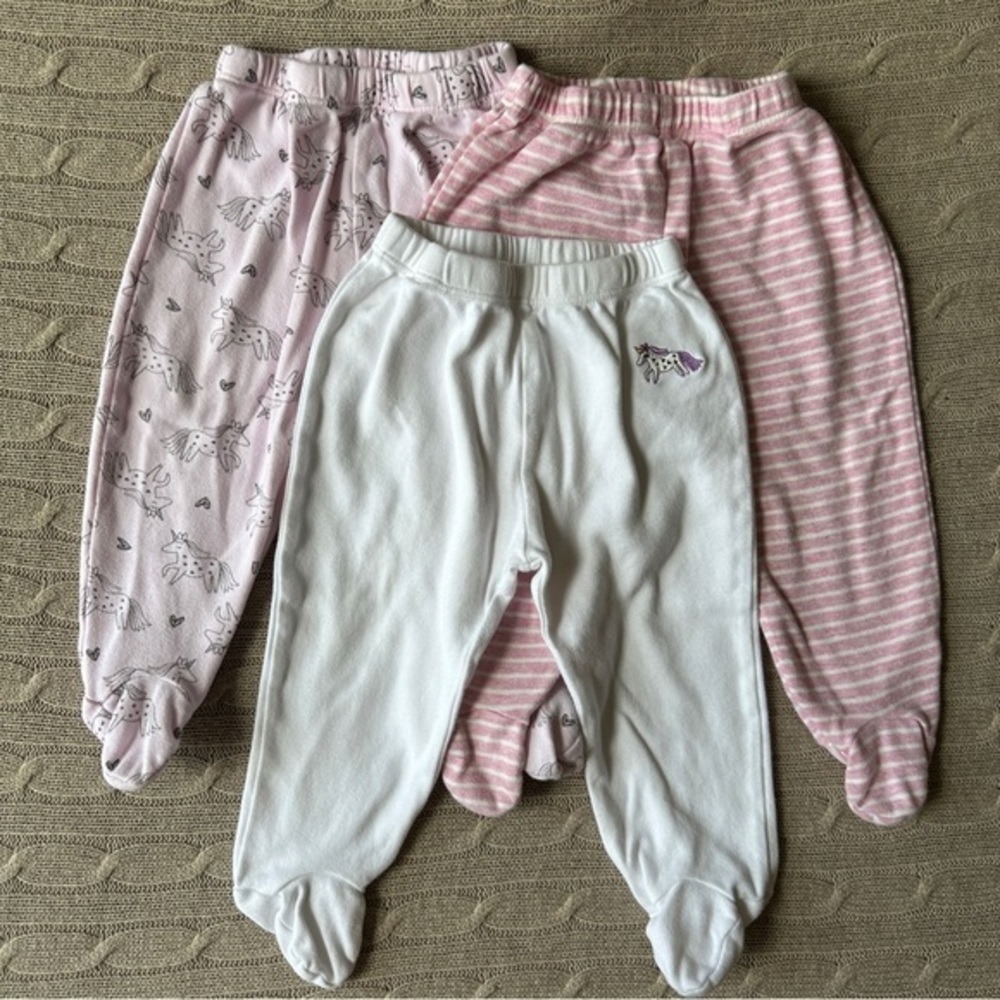 EUC Minizone 3pc Baby Girl Footed Pant Bundle, Pink & White Unicorn, 6-12 Months